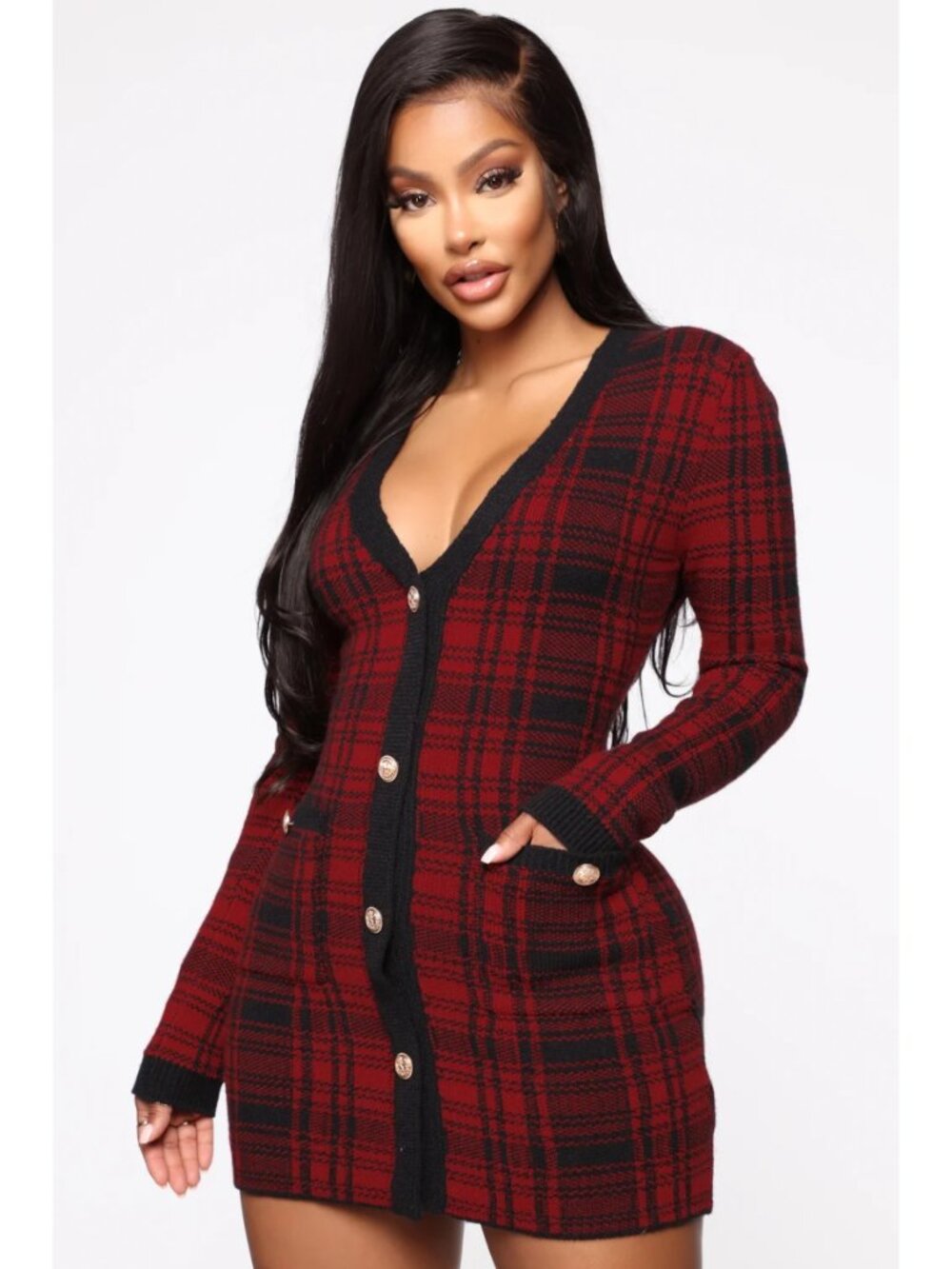 Fashion Nova - Red and Black Plaid Mini Dress - V-Neck - Long Sleeve - XL